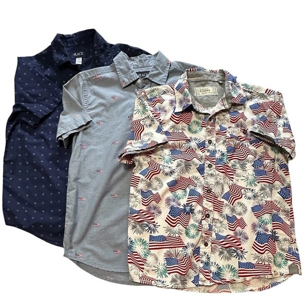 Lot of 3 Boys Shirts Button Up  Preppy Sz M 10-12 Flags Patriotic USA Summer - Picture 2 of 13